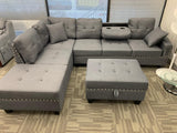 Kayden Reversible Button Tufted Trim Sectional Sofa with Ottoman and USB Ports